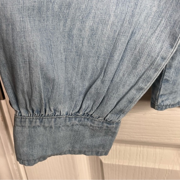 Aaron & Amber Chambray Ruffle Lace Button Front Shirt Sz S Puff Sleeves - Picture 6 of 16